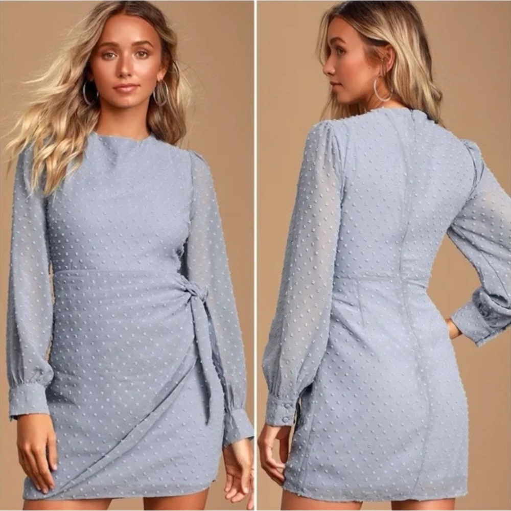 NWT Lulu’s Much Love Light Blue Swiss Dott Long Sleeve Tie-Front Mini Dress
